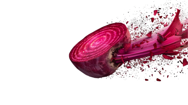 A vibrant sliced beet with leaves displayed against a dark background with digital disintegration effect