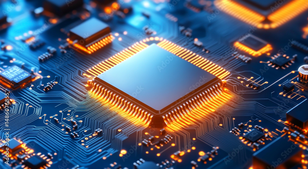 Poster abstract background with a circuit board, glowing elements, and computer chips. digital technology c