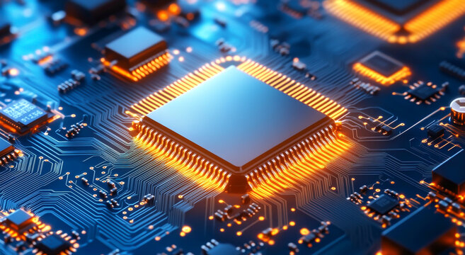 Abstract background with a circuit board, glowing elements, and computer chips. Digital technology concept.