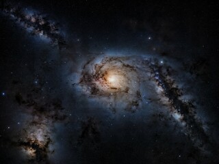 Spiralförmige Galaxie mit strahlendem Zentrum und markanten Armen im dunklen Universum umgeben von leuchtenden Sternenfeldern