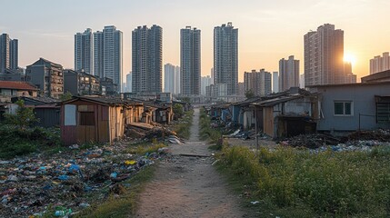 Urban Contrast: Slums and Skyscrapers at Sunset