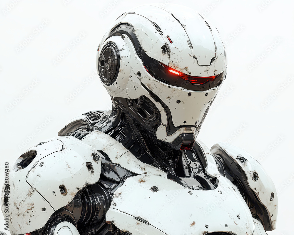 Poster high-tech white robot with red-illuminated eyes in futuristic armor design isolated on white backgro