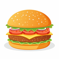 Fast food illustration of a delicious cheeseburger with lettuce on a bun and fire