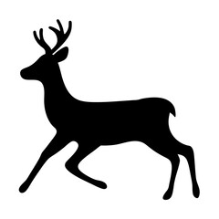 Elegant black silhouette of a running deer with antlers on white