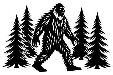 Obraz premium Bigfoot walking three quarter angle vector silhouette design with transparency, bigfoot, sasquatch, cryptid, silhouette, vector, walking, forest, mythical creature, monster, legend, cryptozoology, ani