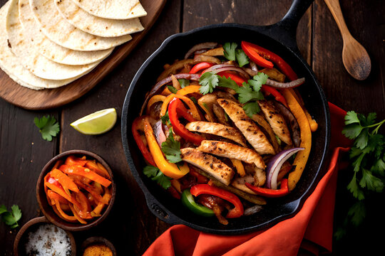 Chicken fajitas in a cast iron skillet with tortillas and toppings on a wooden surface