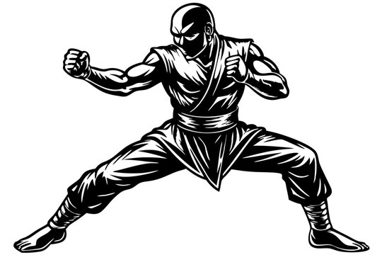 Sanda fighter silhouette in fighting stance front angle martial arts design, sanda, fighter, martial arts, fighting stance, combat, silhouette, martial artist, front angle, design, vector, illustratio