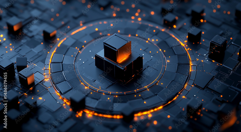 Poster abstract futuristic dark blue glowing circular pattern with black cubes and orange light in the cent