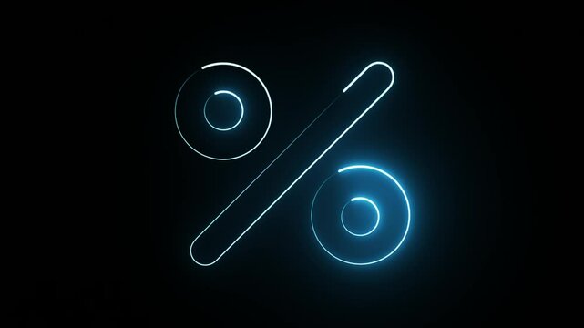 A radiant blue neon percentage sign shines against a deep black background.