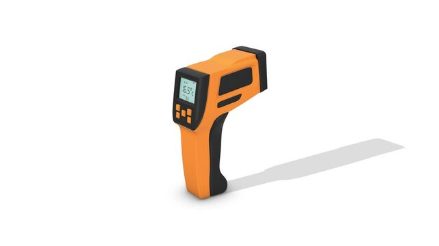 Infrared Thermometer on a White Floor. Temperature Gun 3D Animation. 4K