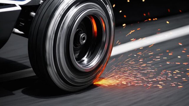 Gros plan sur une roue de voiture produisant des &eacute;tincelles &agrave; grande vitesse

