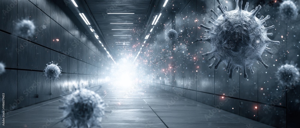 Poster a futuristic corridor with floating virus-like particles and a bright light at the end of the tunnel