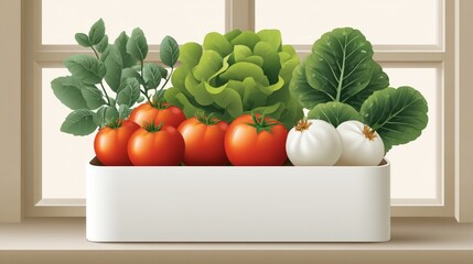 Balcony vegetable planter in minimalist style, labeled diagram showing tomatoes, herbs and lettuce in a clean modern container