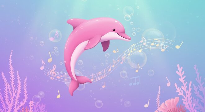 Pink dolphin underwater singing illustration