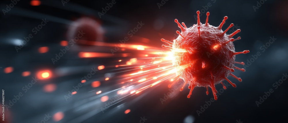 Poster a glowing virus-like particle is depicted with dynamic light streaks shooting through a dark, blurre