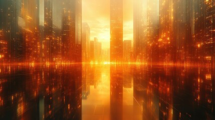 Golden Light and Reflections Flow Through Futuristic Cityscapes, Blending Realism and Abstraction to Evoke Innovation and Urban Energy.