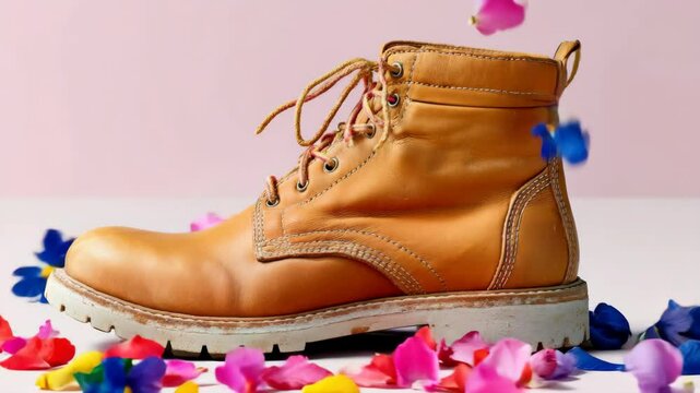 Shoe is covered in flowers and leaves. The shoe is brown and the flowers are in various colors. Concept of whimsy and playfulness, as the shoe is transformed into a colorful and unique piece of art