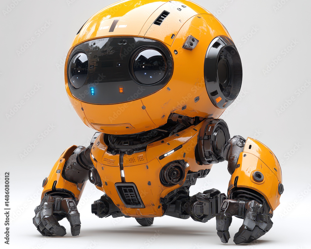 Poster orange robot with mechanical features isolated on white background
