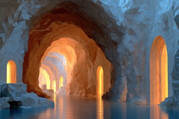 Low poly golden cave with water