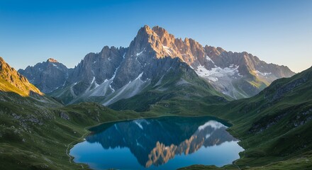 Mountain Range Reflected in Lake Azure Sky