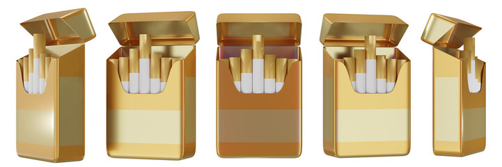 Designer open pack of cigarettes from different angles. Bad habit. 3D render.