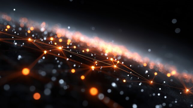 A glowing network of orange and white nodes connected by lines, representing digital connections or data flow in a dark abstract space.