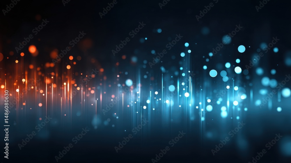 Poster abstract light particles and glowing lines in blue and orange tones against a dark background, creat