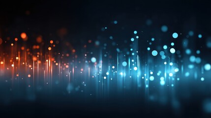 Abstract light particles and glowing lines in blue and orange tones against a dark background, creating a futuristic digital effect.
