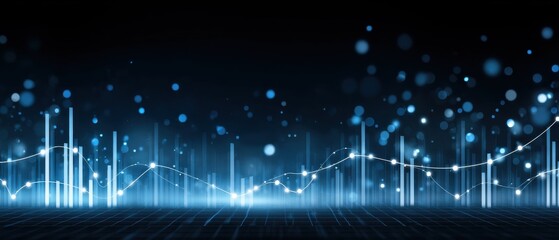 Futuristic digital graph with glowing blue bars, lines, and floating particles on a dark background.