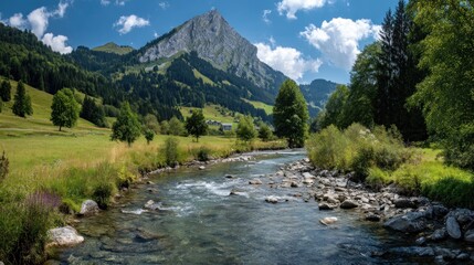 Fototapeta premium Picturesque alpine river winding through lush green valley, with a majestic mountain in the background