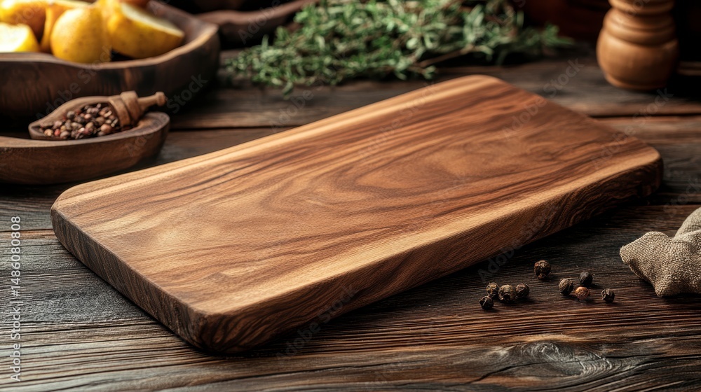 Poster empty rustic wooden cutting board on dark wood table with spices and herbs.