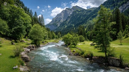 Scenic alpine river winding through lush green valley