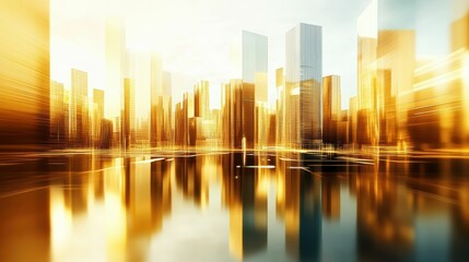 Obraz premium Golden Light and Reflections Flow Through Futuristic Cityscapes, Blending Realism and Abstraction to Evoke Innovation and Urban Energy.