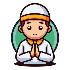Cartoon Muslim Boy with Kufi and Hands Together in Namaste Position Mascot Style art
