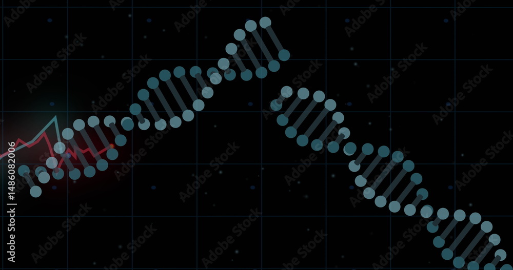 Poster dna structures spinning against red graph over grid network against black background