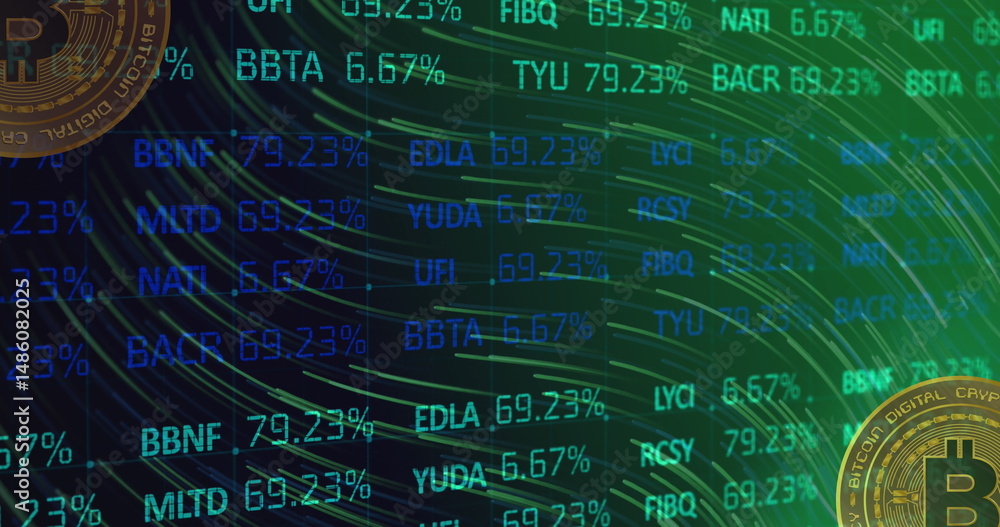 Poster image of financial data processing and bitcoins over dark background