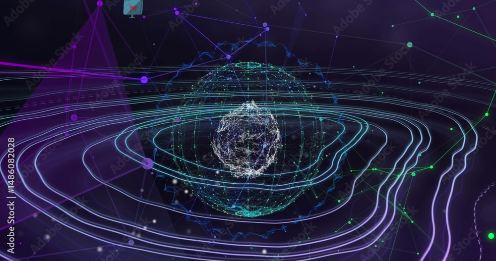 Aufkleber displaying central 3d data sphere rotating in network map, with glowing rings and neon connectors