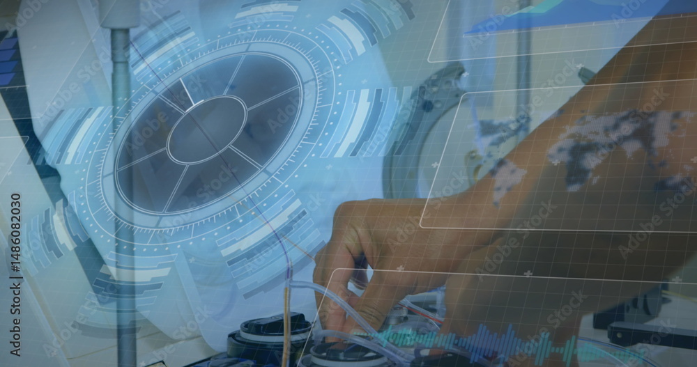Poster image of scope scanning and data processing over businessman