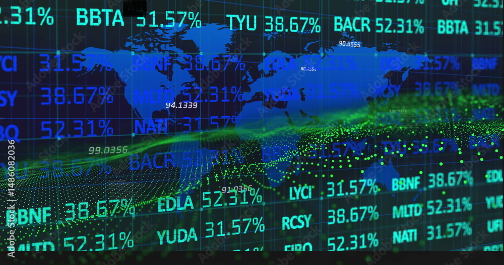 Poster image of numbers changing and data processing with globe and world map