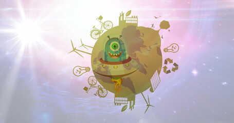 Naklejka premium Hovering cyclops creature inside flying saucer orbiting stylized globe in outer space, eco icons