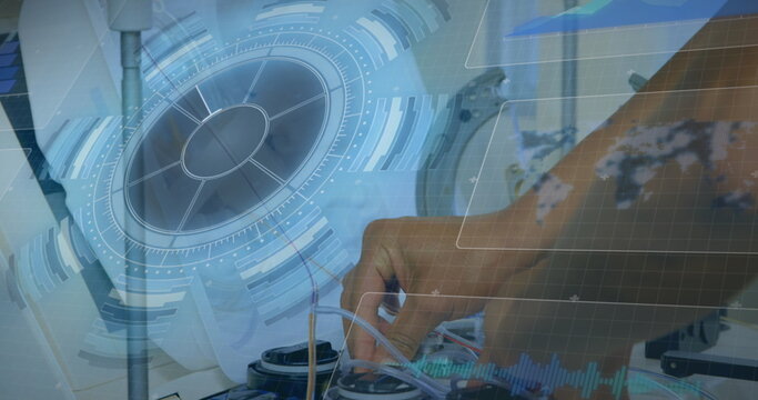 Image of scope scanning and data processing over businessman - Powered by Adobe