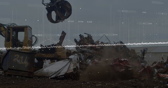 Image of financial data processing over junkyard