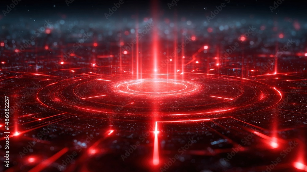 Poster a glowing red digital interface with concentric circles and light beams, creating a futuristic, high