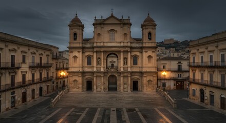 Fototapeta premium Exploring Majestic Cathedral Architecture at Dusk in City Square