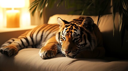 A minimalist tiger resting in a cozy, peaceful forest