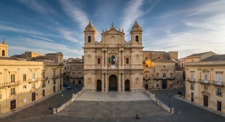 Fototapeta premium Viewing a Historic Church from Above in an Empty City Square