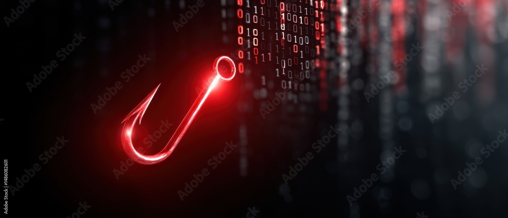 Poster a glowing red fishing hook appears among digital binary code, symbolizing phishing or cyber threats 