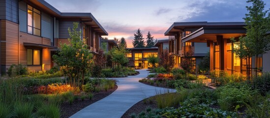 Obraz premium Luxury Apartments at Dusk: Serene Courtyard Living