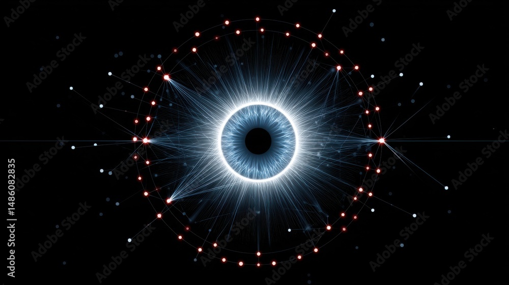 Aufkleber a glowing digital eye surrounded by radiating lines and dots on a black background, creating a futur