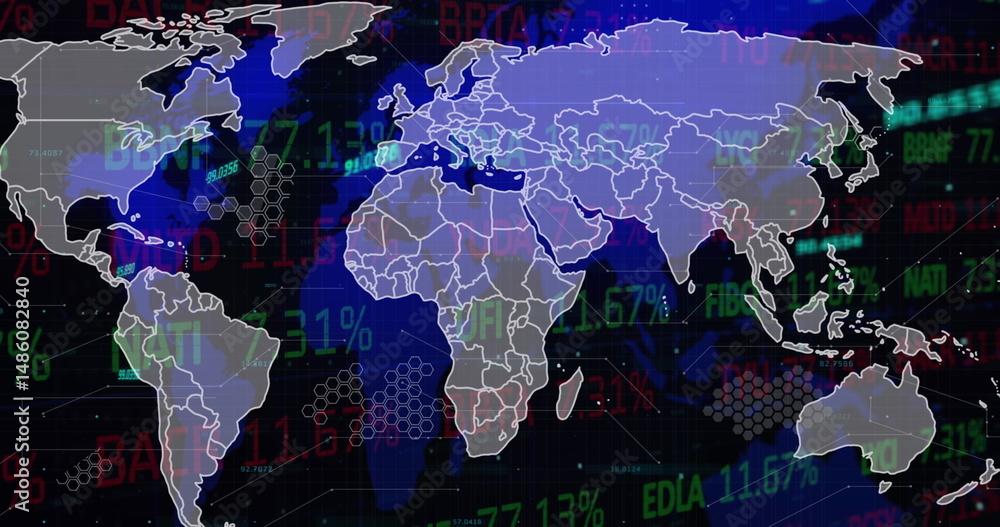 Poster image of financial data processing over world map